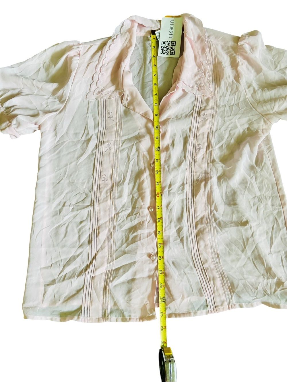 Sheer Vintage Sz 12 Light Pink Button-Front Puff Sleeve Embroidered Blouse - Picture 12 of 12